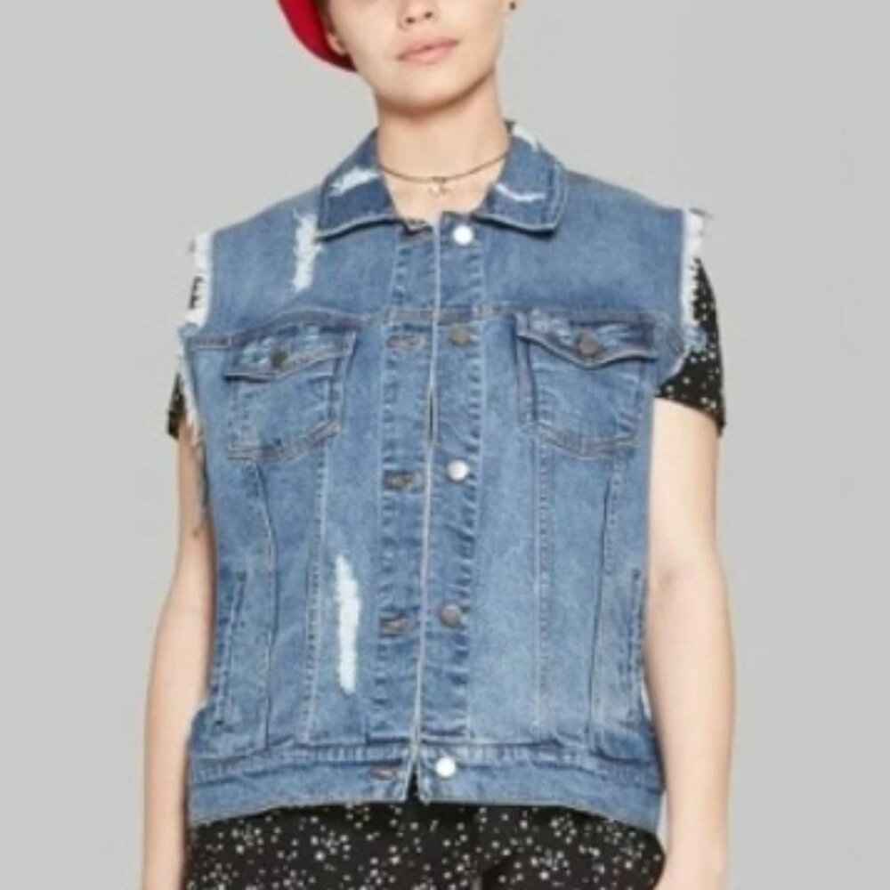 Wild Fable Distressed Jean Denim Frayed Sleeve Vest Size Medium